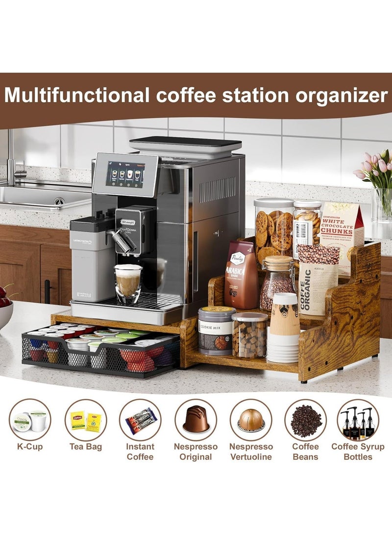 أوبتيا منظم محطة القهوة مع حامل أكواب K Cup، سعة 28 كبسولة، رف شراب بثلاث طبقات مع درج لحامل كبسولات القهوة، منظم بار القهوة لسطح العمل للإكسسوارات، بني ريفي - Image 4